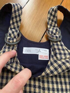 ZARA Navy & Beige Checked Buckle-Strap Pinafore